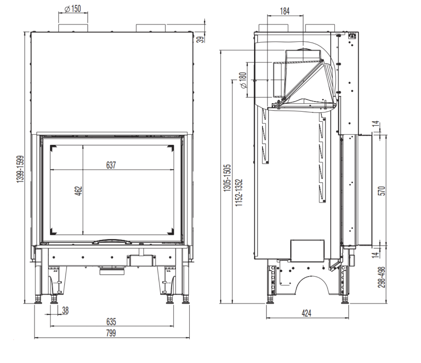 Plano de Hogar de leña 75X57S 2.0 Guillotina - Frontal