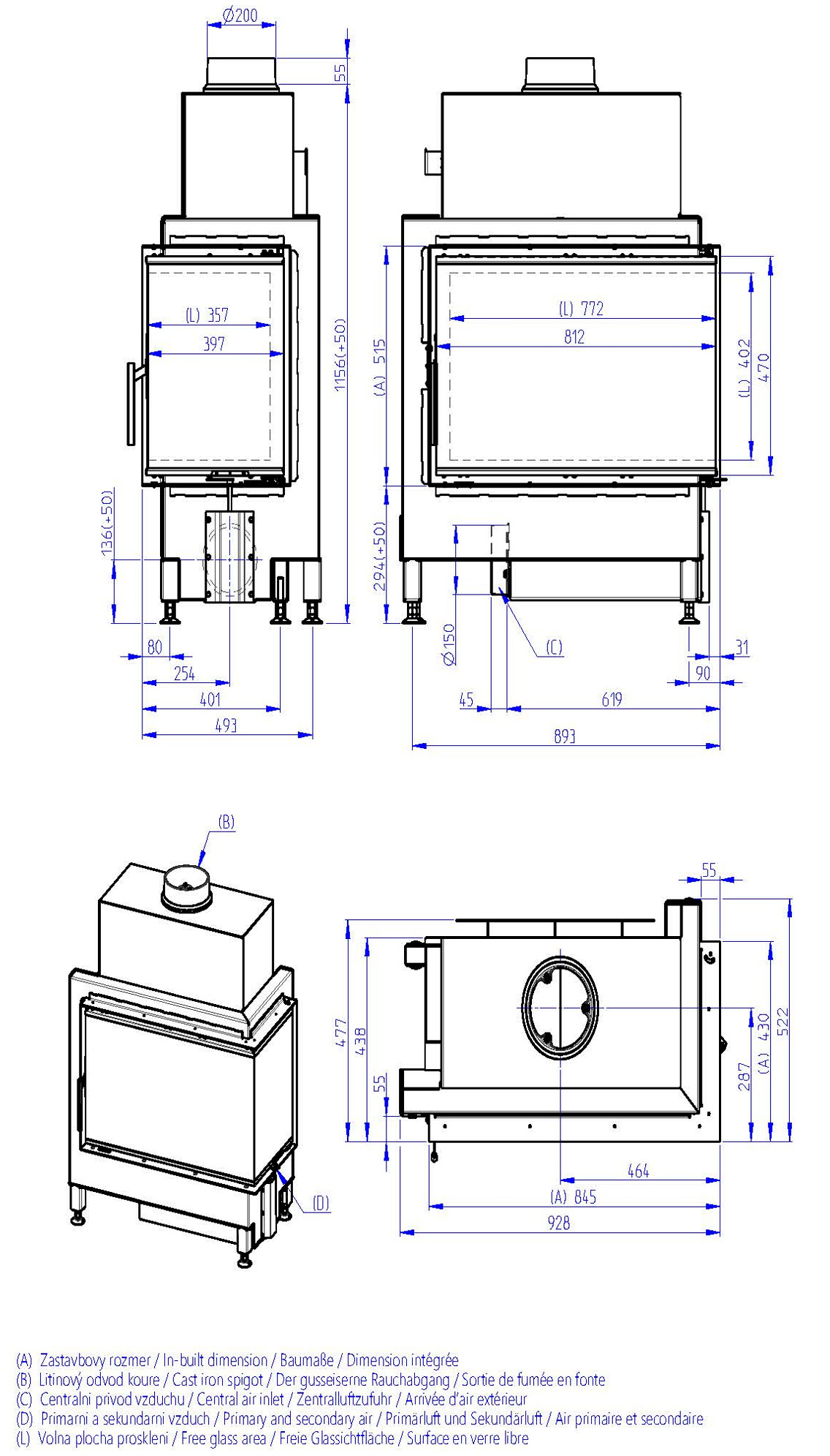 Plano de Chimenea de leña HEAT 81.51.40 (Esquinero)-HL4SF26/HR4SF26